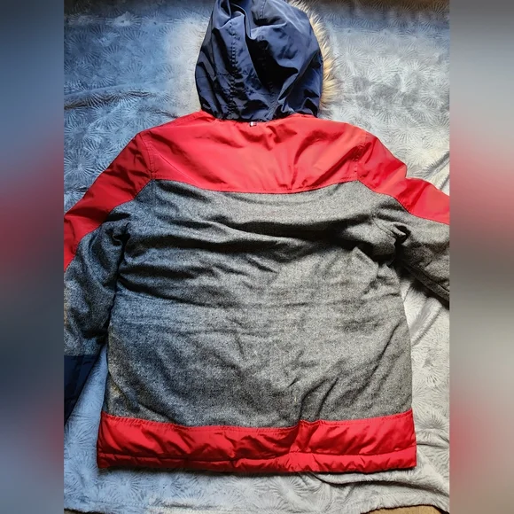 TOMMY HILFIGER Wool Herringbone Silk 65% DOWN PARKA Jacket Men M Hooded Fur